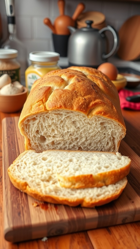 Homemade sandwich loaf bread on a cutting board, with slices cut to reveal soft texture.